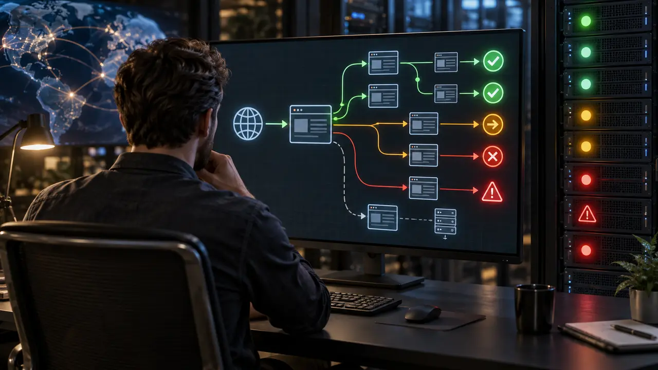 SEO-специалист проверяет маршруты сайта и статусы ответов сервера